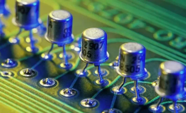 Close up of transistors on a circuit board